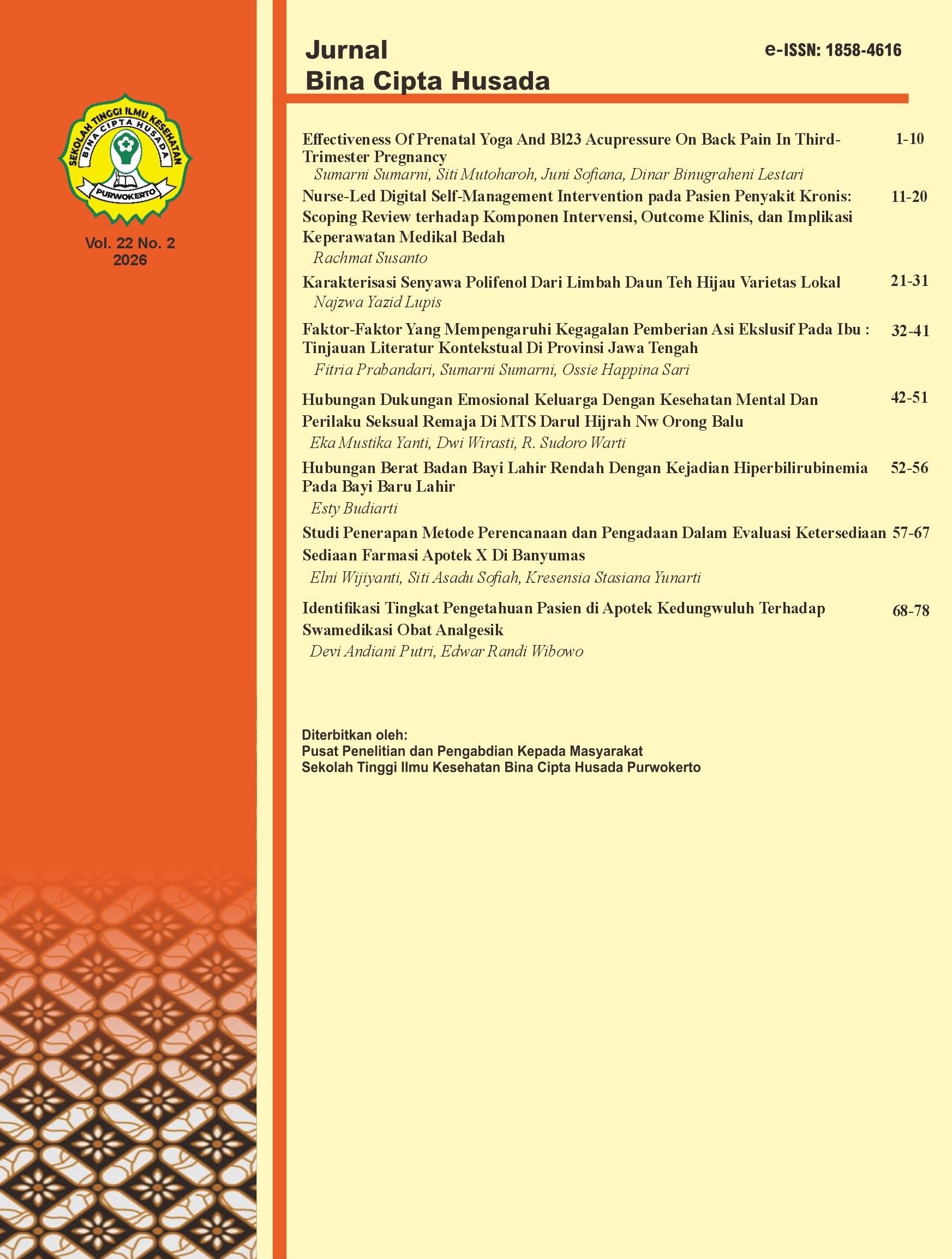 					View Vol. 22 No. 2 (2026): Jurnal Bina Cipta Husada
				
